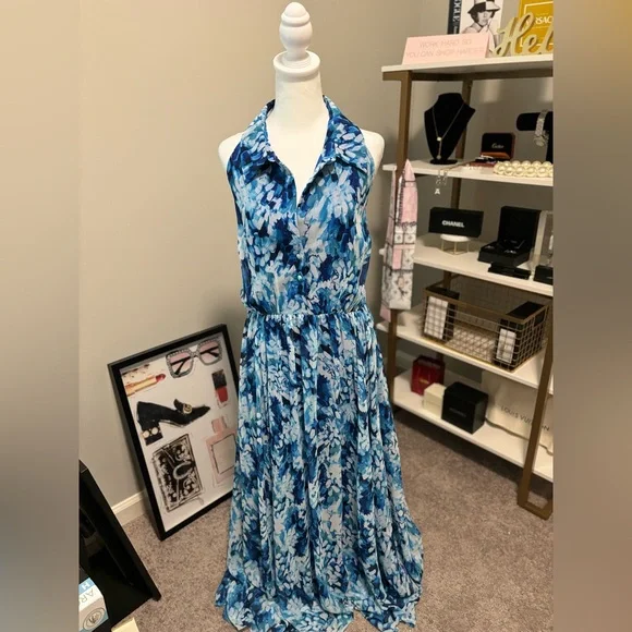 BADGLEY MISCHKA Blue Floral Print Halter Chiffon Maxi Shirt-Dress Gown 20 US